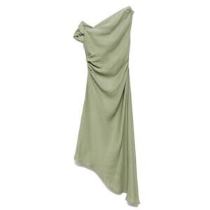Mango Asymmetrical Pleated Dress One Shoulder Side Ruched- 6 - Medium Green